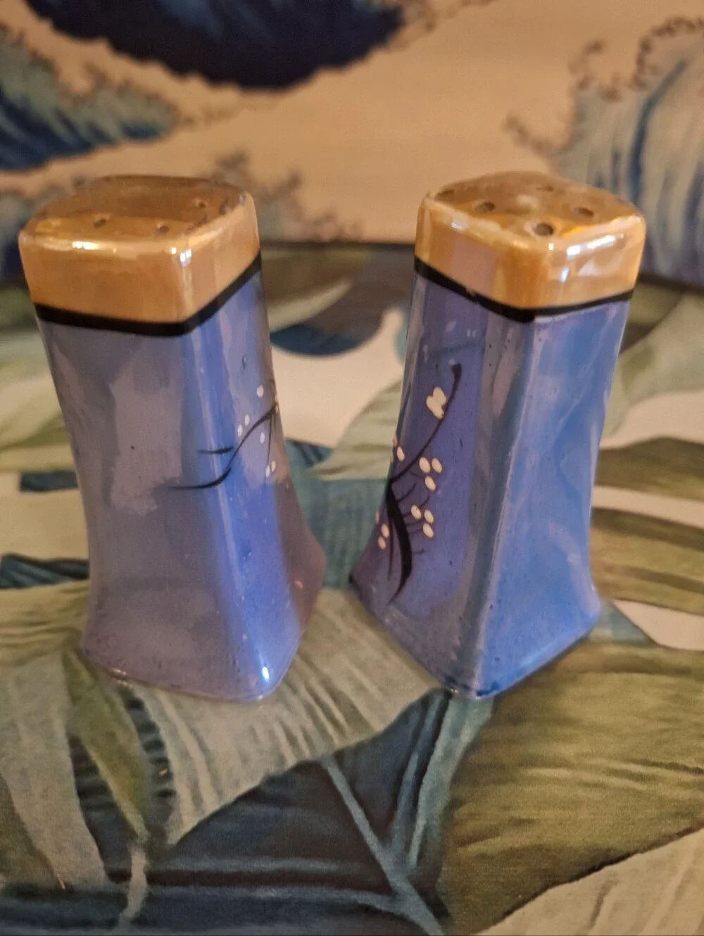 1970s Retro Lusterware Blue Floral Ceramic Salt & Pepper Shakers